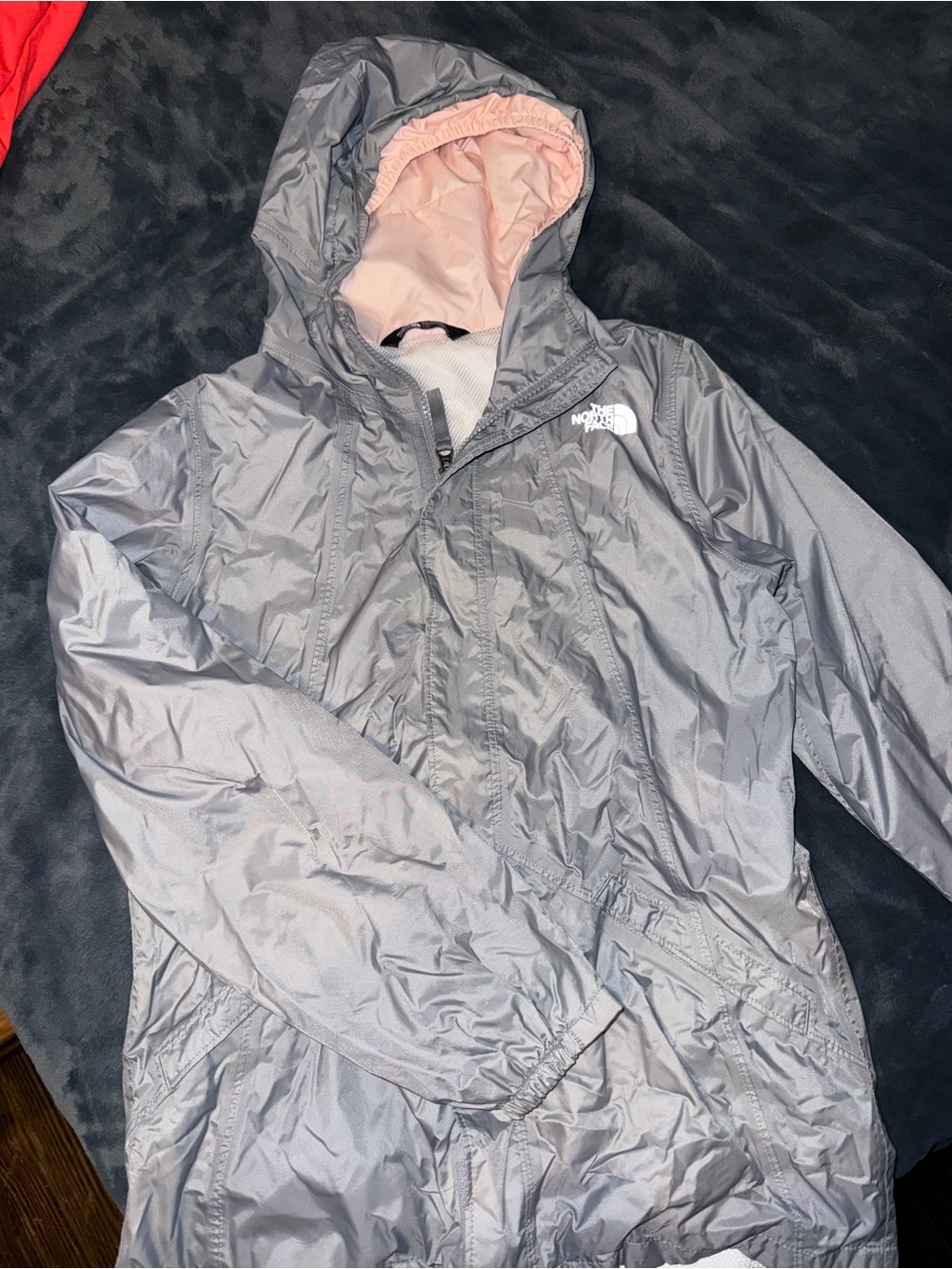 The North Face Girls' Gray Raincoat with Pink Lined Hood